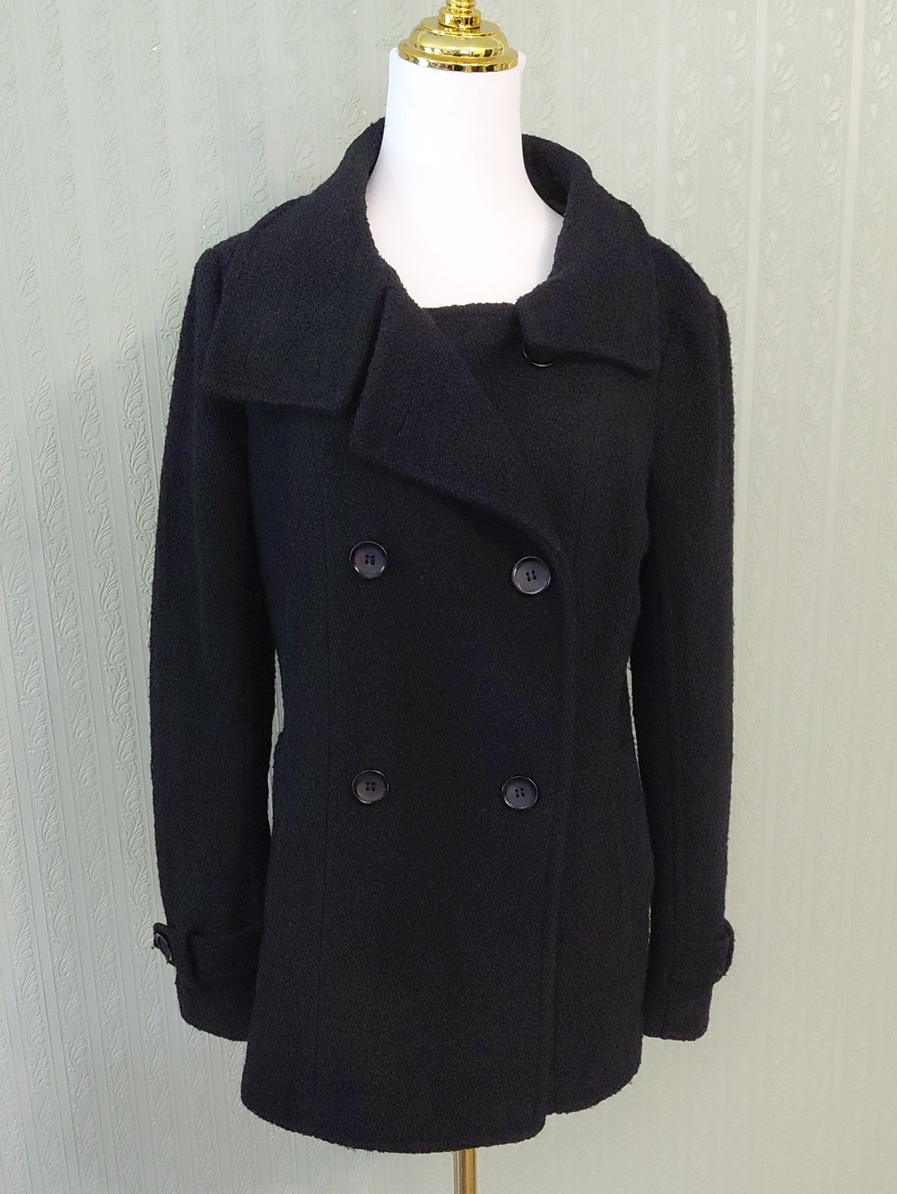 BNCI Blanc NOIR Classic Black Double-Breasted Women's Peacoat wool Viscose Poly